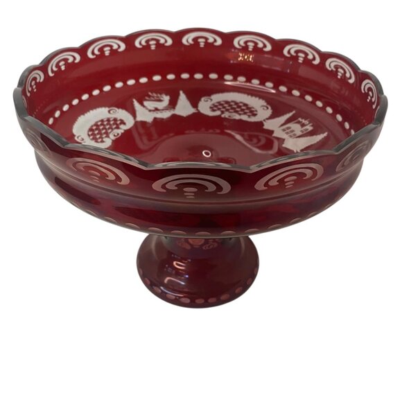 Egerman Czech Bohemian Ruby Red Glass Pedestal Fruit Bowl Magic Potion Christmas - Picture 4 of 16